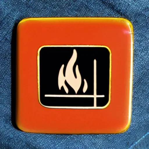 Prompt: a square enamel pin of a retro minimalistic fire flame warning label, smooth curves