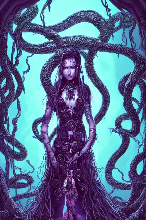 Prompt: Perfectly-centered Hyperdetailed symmetrical cinematic RPG portrait-illustration of a beautiful aetherpunk cyberpunk Medusa in a long dark otherworldly dress while her hair are huge ravepunk snakes. She's standing next to lovecraftian towers in a surreal landscape, style of an epic sci-fi comic-book cover, 3D rim light