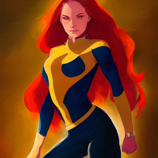 Image similar to jean grey, a half body of jean grey, comic, x - men, marvel, vivid colors, soft lighting, atmospheric, cinematic, moody, in the style of krenz cushart, oil on canvas, 8 k