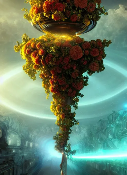 Image similar to flowers within the whole infinite capsule apparent with awe the apparition, an idea seep's into infinity highly detailed in volumetric latent space, golden turquoise steampunk, high contrast cinematic light, mystical shadows, sharp focus, divine realm of gods, octane render, artist by boris vallejo,