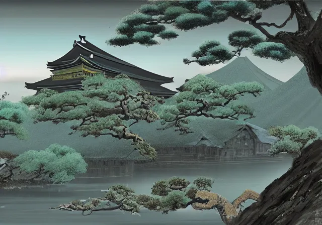 Image similar to ancient Japanese beautiful landscape mode concept art high realism