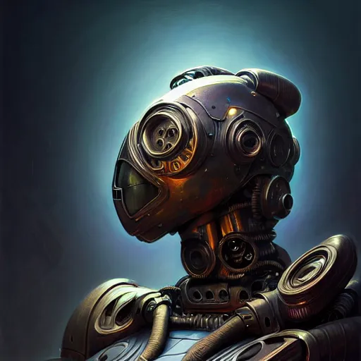 Image similar to low angle shot of a cyberpunk gazmask robot character, intricate, elegant, highly detailed, centered, digital painting, artstation, concept art, smooth, sharp focus, illustration, artgerm, Tomasz Alen Kopera, Peter Mohrbacher, donato giancola, Joseph Christian Leyendecker, WLOP, Boris Vallejo