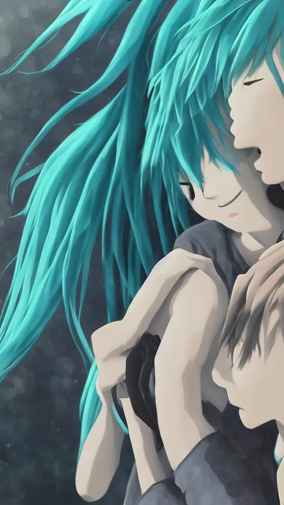 Image similar to a high detail portrait of Hatsune Miku hugging a young man by Makoto Shinkai, by BUNBUN, CLIP STADIO, mad painting