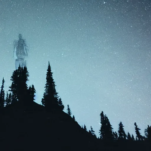 Prompt: A giant skeleton with glowing eyes towering above the treeline, night, ominous, creepy