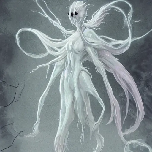 Prompt: concept designs for an ethereal ghostly wraith like figure with a squid like parasite latched onto its head and long tentacle arms that flow lazily but gracefully at its sides like a cloak while it floats around a frozen rocky tundra in the snow searching for lost souls and that hides amongst the shadows in the trees, this character has hydrokinesis and electrokinesis for the resident evil village video game franchise with inspiration from the franchise Bloodborne as a muppet from sesame street, photo realistic, photography, sesame street, bloodborne, resident evil