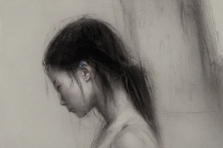 Image similar to a sad japanese lady by jeremy mann - graphite sketch