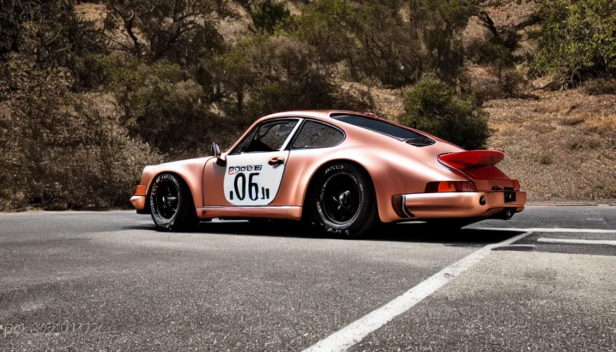 Image similar to photograph, PORSCHE RSR, IROC, by Pete Biro, Peter Singhof, press release, cinematic, malibu canyon, 8k, depth of field, bokeh. rule of thirds, copper accents