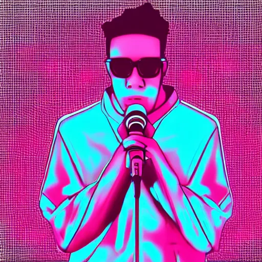 Image similar to handsome nerdy man raps into microphone, hip hop vaporwave, abstract background, neon, photo, detailed, 4k