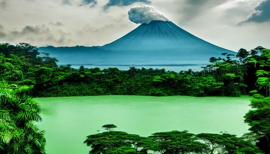 Image similar to a beautiful green scene, guatemalan lake full of water, volcano in background, high definition, beautiful award winning photography, 8 k.