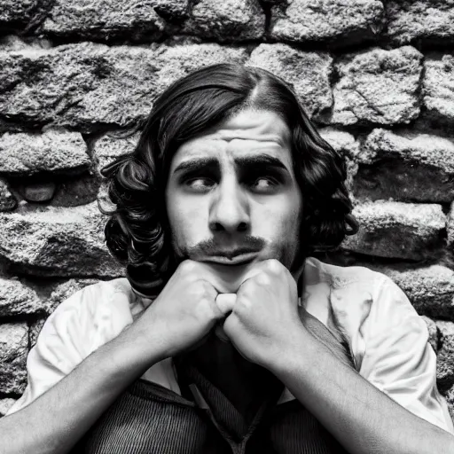 Prompt: Portrait of a terrified young man in 1930s disguise with long hair cornered against a stone wall. He is looking utterly panicked and distressed. 4K sigma 85mm