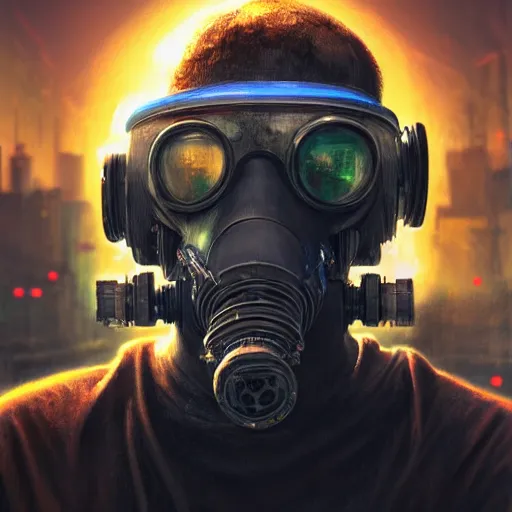 Image similar to Close up of a guy in a Gasmask, Cyberpunk city, street vendors, citizens, augmented cyborgs, robots, skyscapers, buildings, clouds, sunset, painted by seb mckinnon, high detail, digital art, trending on artstation