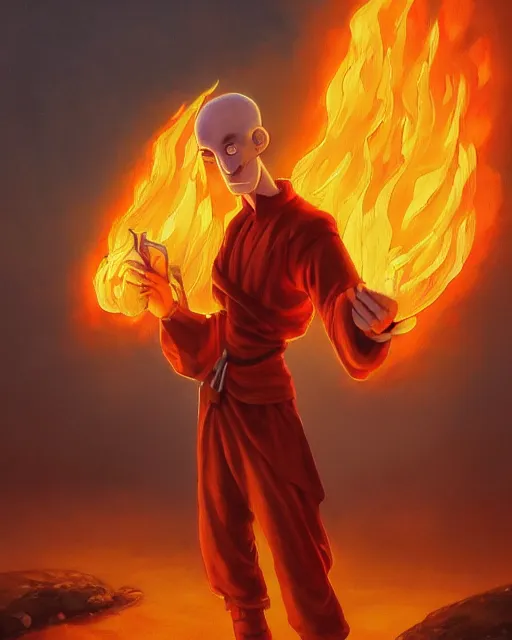 Prompt: [ squidward ] wearing fire nation clothing and practicing firebending outside at susnset, oil painting, highly [ detailed ], intricate, photorealistic, by [ moebius ] and greg rutkowski and thomas kinkade, trending on artstation, trending on cgsociety, realistic shading and lighting, big nose