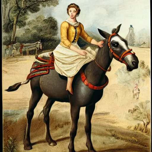 Prompt: queen elizabeth riding on a donkey