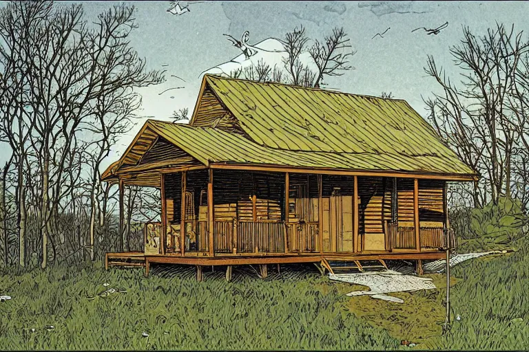 Image similar to country road cabin goose by moebius