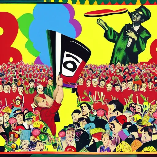 Image similar to a communist revolution in Candy Land, 1960s illustration, high quality, collage in the style of Klaus Voormann and Chinese Propaganda and Andy Warhol, album cover