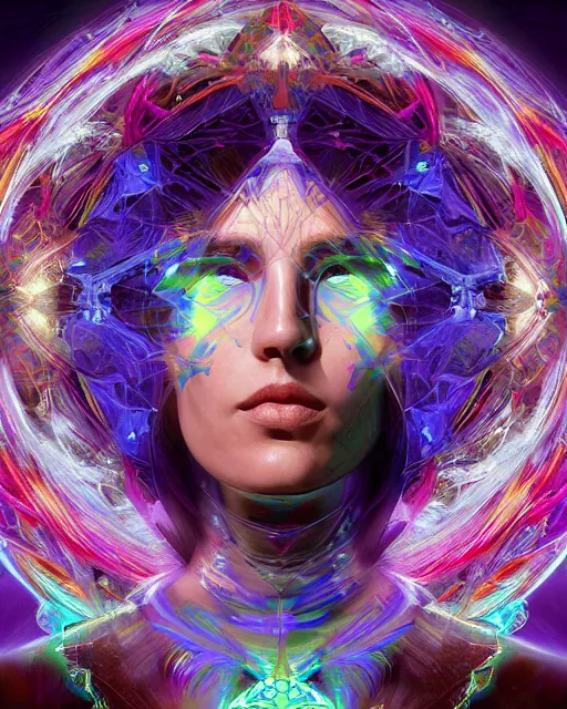 Image similar to a powerful energy psychedelic matrix priestess, by alexander fedosav, hyper detailed digital matte painting, concept art, hyperrealism, 1 6 k resolution, cinema 4 d, 8 k resolution, trending on artstation, behance hd, a masterpiece, by stephan martiniere, particles, cel - shaded, power bright neon energy, by david a. hardy,