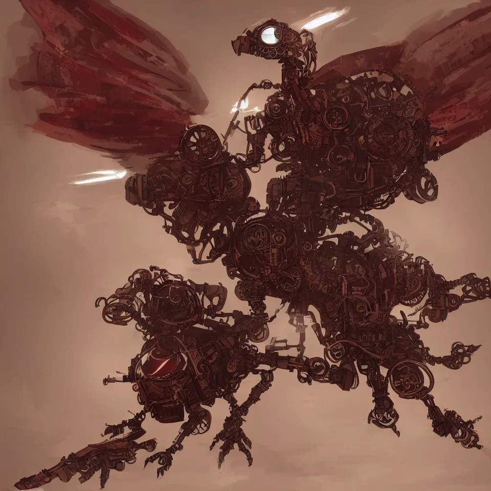 Image similar to a detailed concept art of steampunk robot bird, gradient dark red, cream and white color scheme, dynamic lighting, cinematic, epic composition, masterpiece