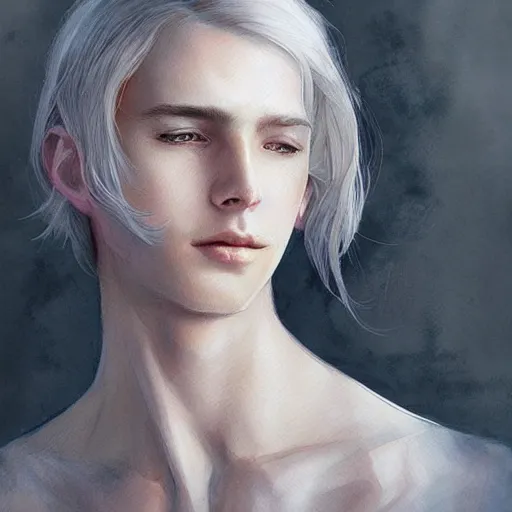 Prompt: teen boy, silver hair, shoulder - length hair, ethereal, elegant, intricate, delicate, feminine, light smile, sharp focus, highly detailed, artstation, watercolor, by charlie bowater and ross tran