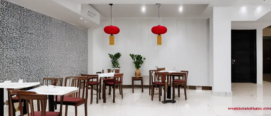 Image similar to a beautiful simple interior 4 k hd wallpaper illustration of small roasted string hotpot restaurant restaurant pagoda hill, wall corner, from china, hill wall and white tile floor, rectangle white porcelain table, black chair, fine simple delicate structure, chinese style, simple style structure decoration design, victo ngai, 4 k hd