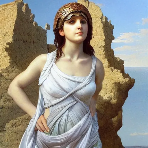 Prompt: tiny full-body young ancient greek woman in helmet, giant gray-haired bearded male head in background, by David Ligare, incredible details, epic stunning, highly detailed, trending on ArtStation, artgerm and greg rutkowski and alphonse mucha, IAMAG, broken giant marble ruins, golden hour