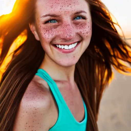 Prompt: A cute young woman, long shiny bronze brown hair, green eyes, cute freckles, smug smile, golden hour, beach background, medium shot, mid-shot