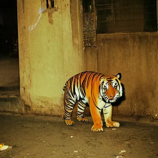 Prompt: retro photograph of a tiger smoking a joint in the streets of Dhaka at night, Kodak film photo