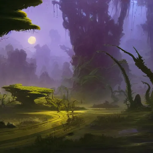 Image similar to an alien planet with eerily thin trees and yellow algae, sci fi concept art by tyler edlin, antoine blanchard, thomas cole