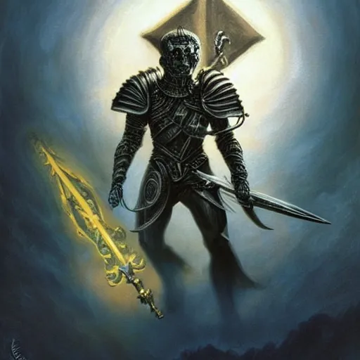 Image similar to ( ( ( half length portrait of armored githyanki warrior holding his silver sword, in the astral plane ) ) ), d & d, fantasy, medieval, greg rutkowski, frank frazetta, alexandre chaudret, boris vallejo, michael whelan, miro petrov, hr giger, magali villeneuve, donato giancola