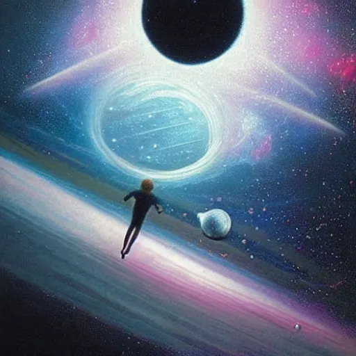 Image similar to A person floating through space in a lucid dream by David A. Hardy