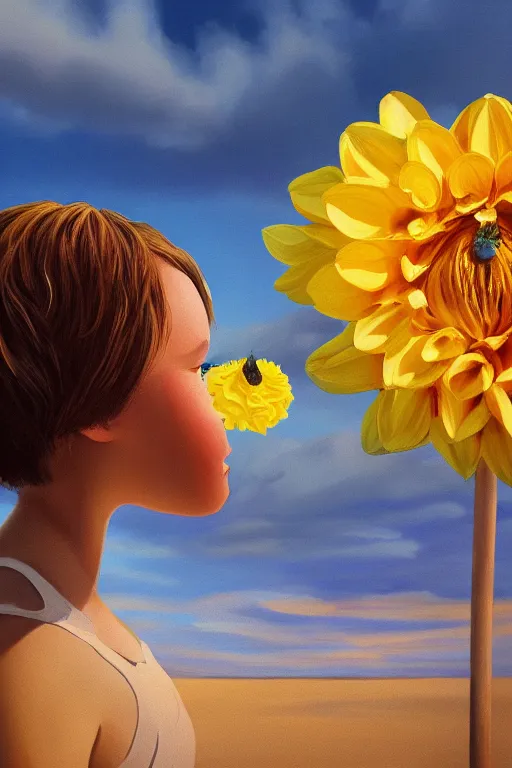 Image similar to closeup girl with huge yellow dahlia flower face, on beach, surreal photography, blue sky, sunrise, dramatic light, impressionist painting, digital painting, artstation, simon stalenhag