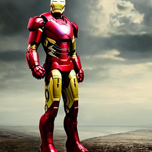 Prompt: jim carrey in an iron man suit, cinematic lens, heroic pose, wide shot, from avengers endgame