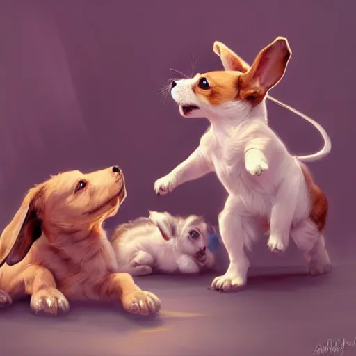 Image similar to puppies fighting bunnies, contrast, deep focus, turnaround, highly detailed, dramatic lighting, digital painting, artstation, concept art, matte, sharp focus, illustration, elegant, art by artgerm and greg f and alphonse mucha.