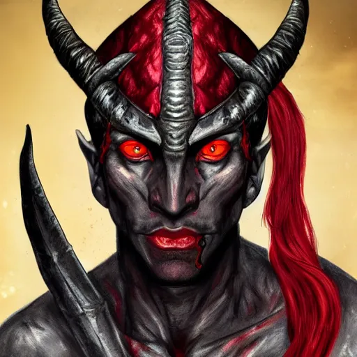 Image similar to dnd style portrait of a tiefling, male, red scales, red skin, a big black beard, completely golden eyes, 2 black ram horns growing out of his forehead,