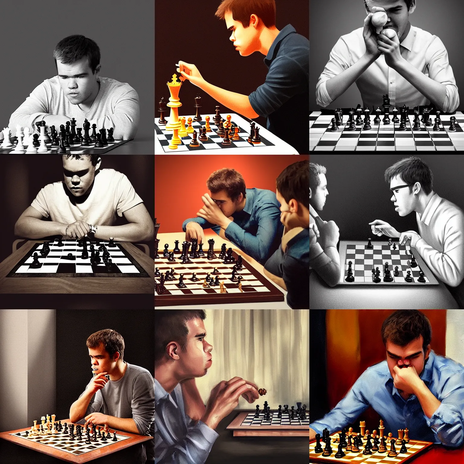 Prompt: “Magnus Carlsen eating a chess pawn at dinner, 4k, trending on artstation”