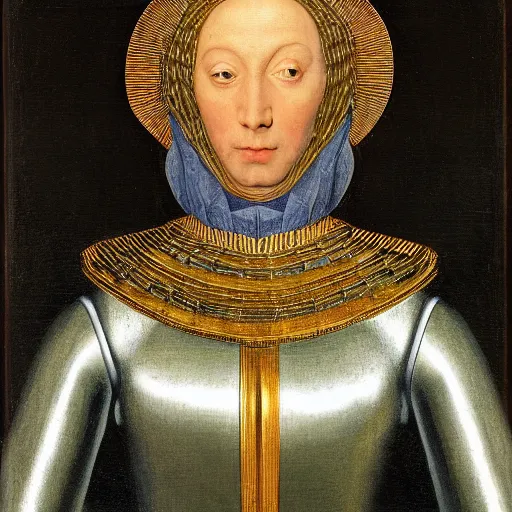Image similar to a portrait of a shiny metallic renaissance robot, in the style of Jan van Eyck,