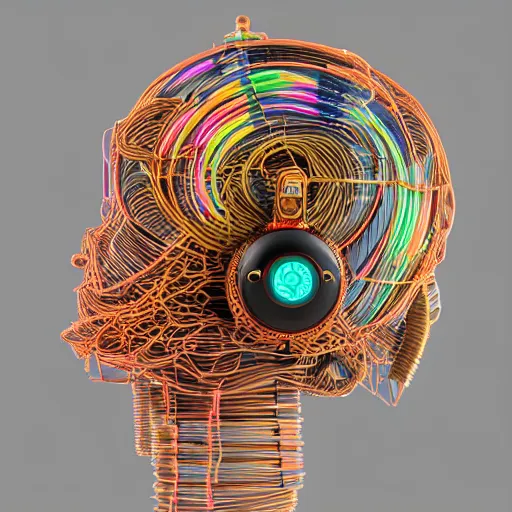 Image similar to a detailed claymodel of a dieselpunk rococo robot head wearing multicolored wires and headphone, 8 k, front view, symetrical, flourescent colors, halluzinogenic, multicolored, exaggerated detailed, front shot, 3 d render, octane