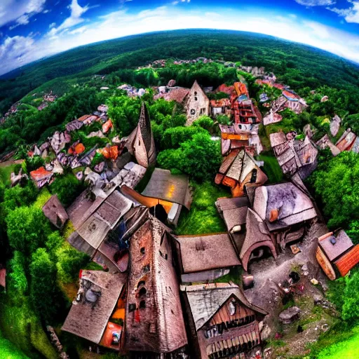 Image similar to hunted medieval town on the edge of dark forest, werewolf attack on villagers, hd, above view, fisheye lense