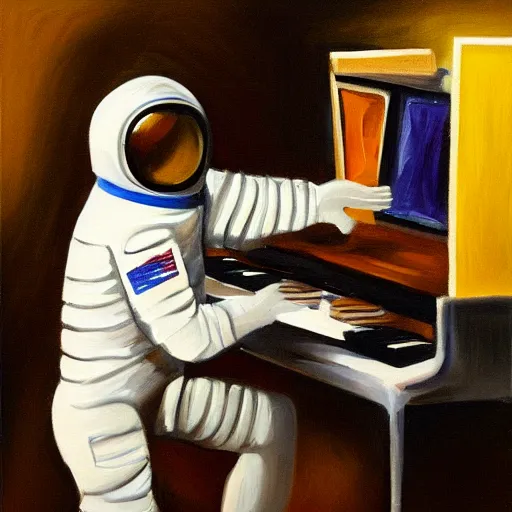 Image similar to oil painting astronaut playing keyboard