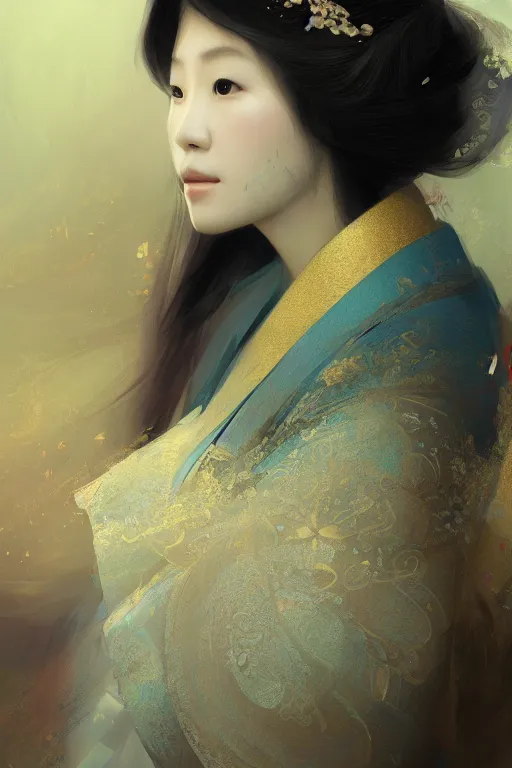 Image similar to Japanese princess, gorgeous, close-up portrait, intricate, elegant, volumetric lighting, scenery, digital painting, highly detailed, artstation, sharp focus, illustration, concept art, ruan jia, steve mccurry