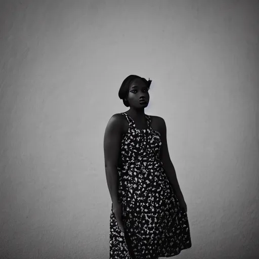 Image similar to portrait photograph of an elegant black woman wearing a sundress in Santa Monica. super resolution. 85 mm f1.8 lens.bokeh.graflex. Alessio albi