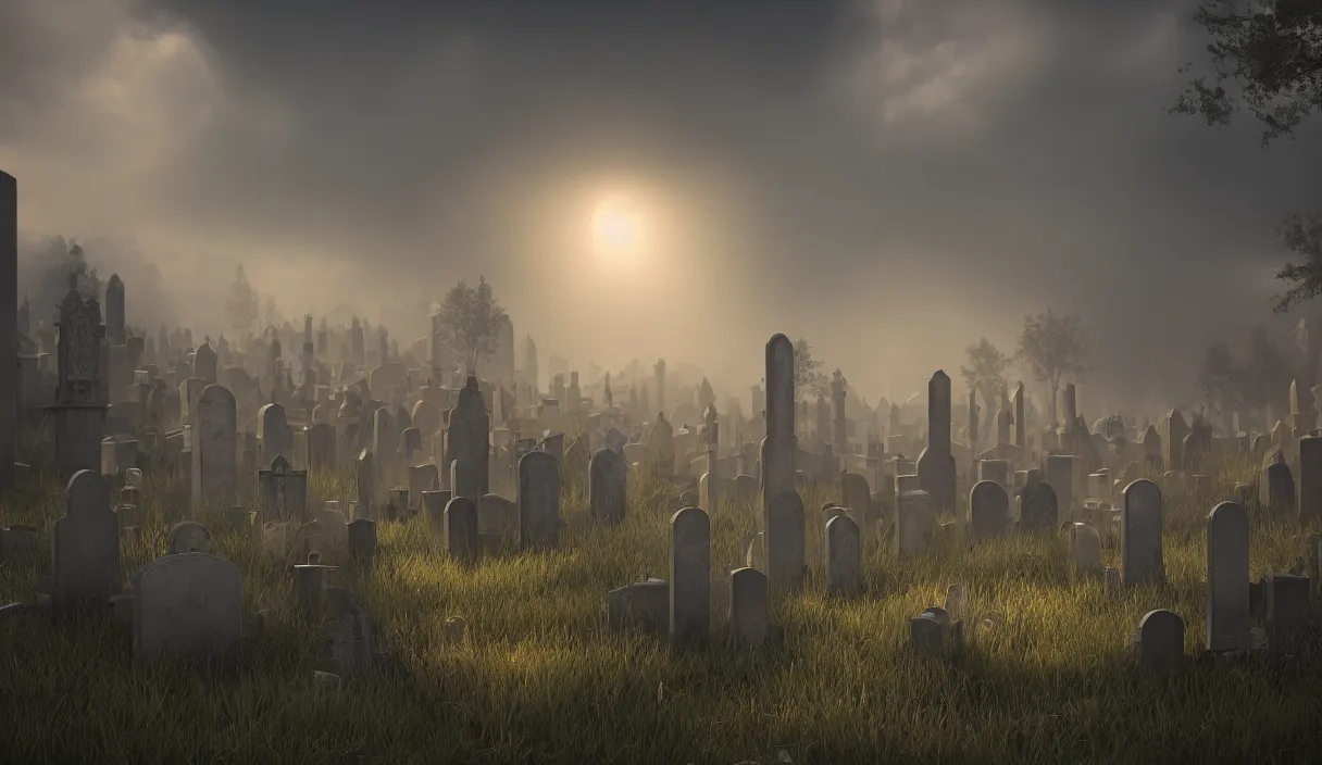 Image similar to a beautiful painting of a graveyard, cinematic angle, studio lighting, movie concept, trending on artstation, octane render, 8 k, ultra high detail