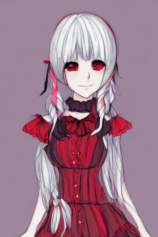 Image similar to Anime girl with chin length white hair, wearing red gothic lolita clothing, trending on Instagram, digital drawing