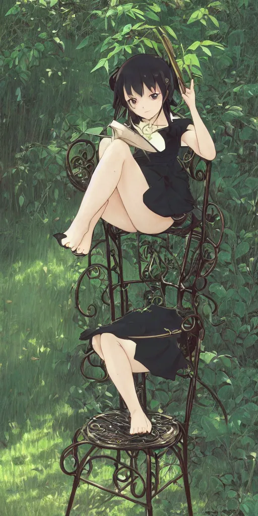 Image similar to a loli with long hair in a black dress sitting on a metal garden chair in the privet garden at afternoon, green and warm theme, back lighting, highly detailed, by krenz cushart and mucha and akihito yoshida and greg rutkowski and makoto shinkai and studio ghibli, detailed eyes, 4 k resolution, trending on art station