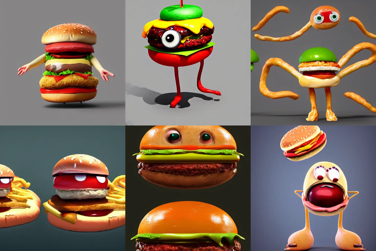 Prompt: a hamburger character with giant eyeballs and french fry arms legs, concept art painting character design, featured on artstation unreal engine 5, 3 point lighting