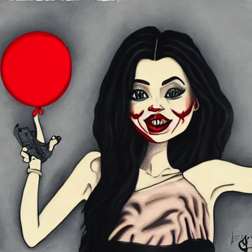 Image similar to grunge cartoon painting of kylie jenner with a wide smile and a red balloon by chris leib, loony toons style, pennywise style, corpse bride style, horror theme, detailed, elegant, intricate