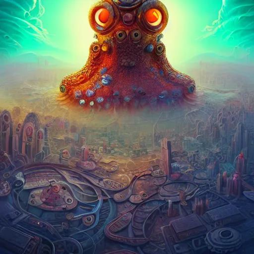 Prompt: a surreal landscape of dystopian city with octopus shaped buildings naoto hattori, android jones, and chris dyer, deep bold colors, galactic entity, depth of field, intricate beautiful painting, billions of details, octane render, portal, 8 k, detailed vector, trending on artstation, cgisociety, wow!!!!!!