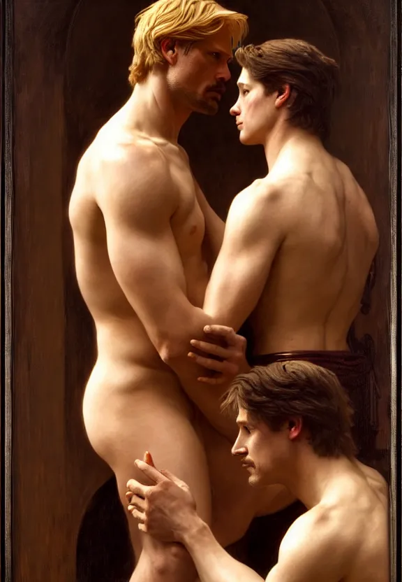 Image similar to attractive handsome fully clothed jaime lannister confesses his love for attractive fully armored brienne of tarth. centered composition. highly detailed painting by gaston bussiere and j. c. leyendecker and william adolphe bouguereau and fra angelico and octane render, musee d'orsay 8 k