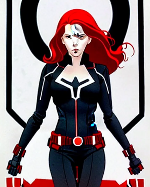 Image similar to phil noto comicbook cover art, black widow marvel, symmetrical eyes, long red hair, full body, city rooftop