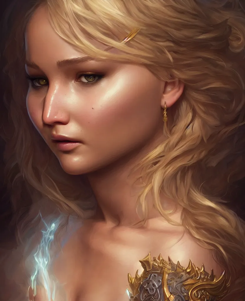 Prompt: Jennifer Lawrence, closeup, D&D, fantasy, intricate, elegant, highly detailed, digital painting, artstation, concept art, matte, sharp focus, illustration, hearthstone, art by Artgerm and Greg Rutkowski and Alphonse Mucha