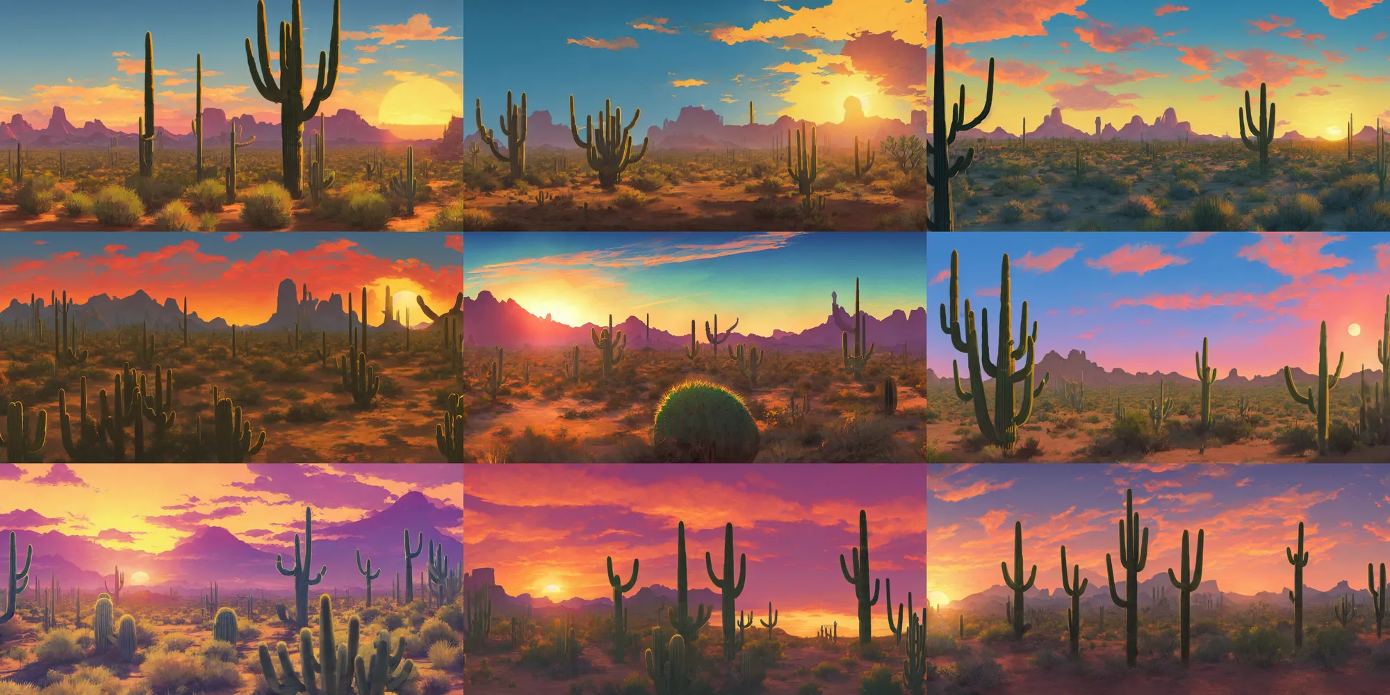 Prompt: Arizona desert sunset, Sonora desert, matte painting, tall saguaro cactuses, Makoto Shinkai, breath of the wild, Nausicaa Ghibli, sun in background